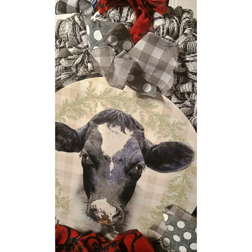 Handmade Cow Wreath Unisex Large Black White Excellent Farmhouse Plaid Mesh